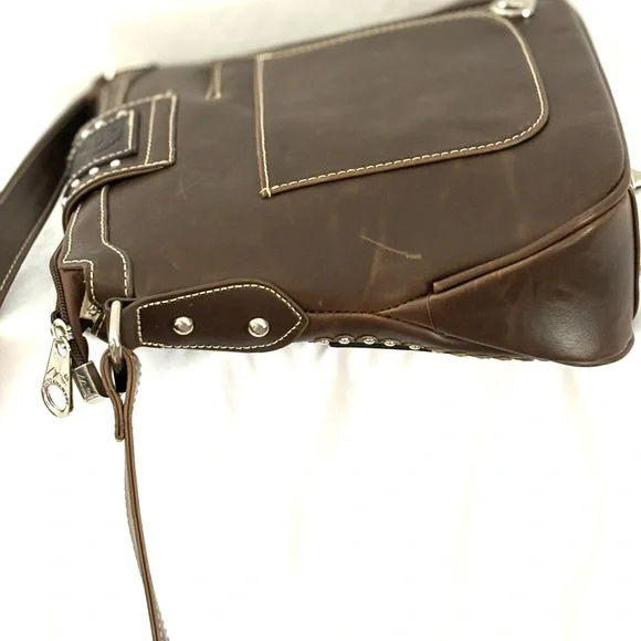 Montana West Western Style Tooled Leather And Studded Crossbody - Picture 13 of 15